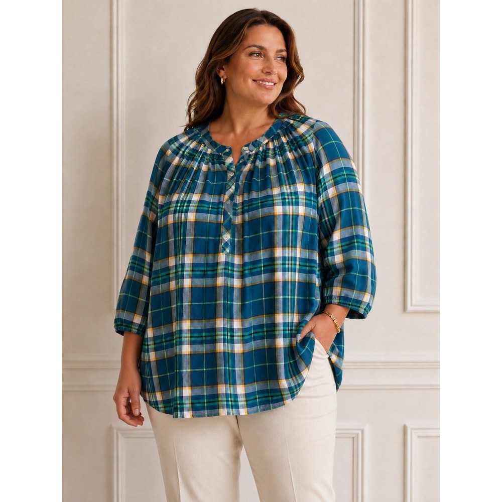 J.Jill Popover Blouse Top Size 2X Blue Ocean Plaid Blue Green Tartan Cotton NWT